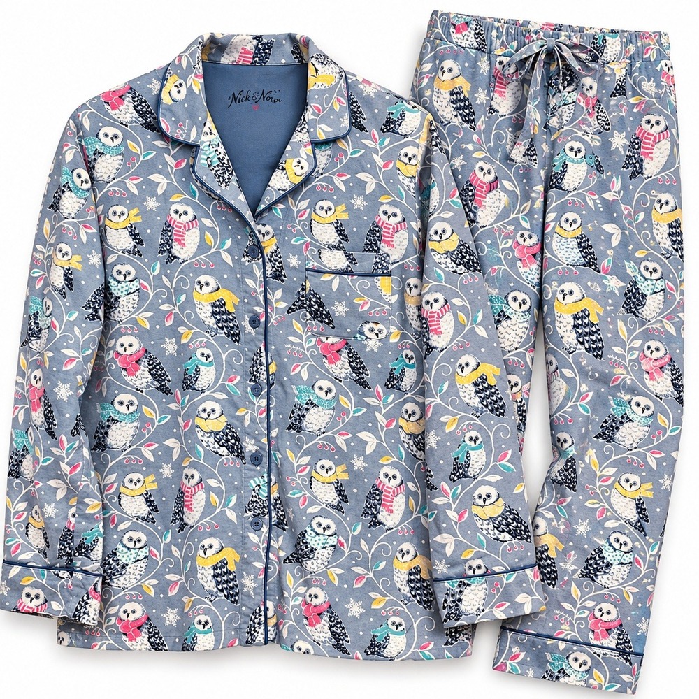 Nick & Nora Pajama Set 100% Cotton Owl Print Womens L Blue Winter Sleepwear